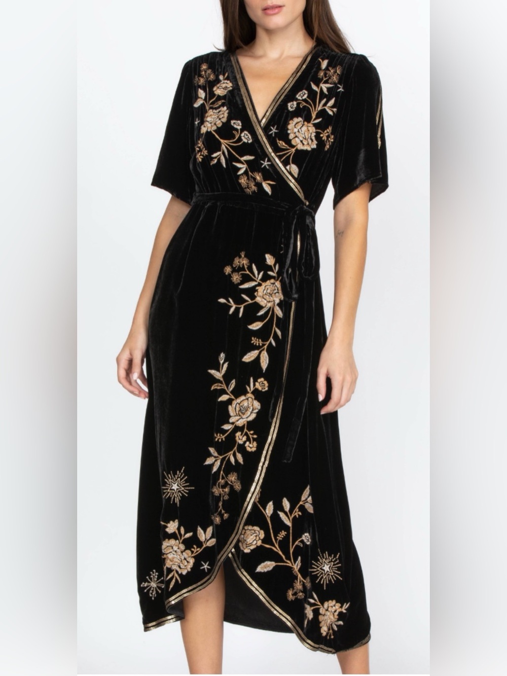 Johnny Was Black Velvet Midi Wrap Dress with Gold Floral Embroidery